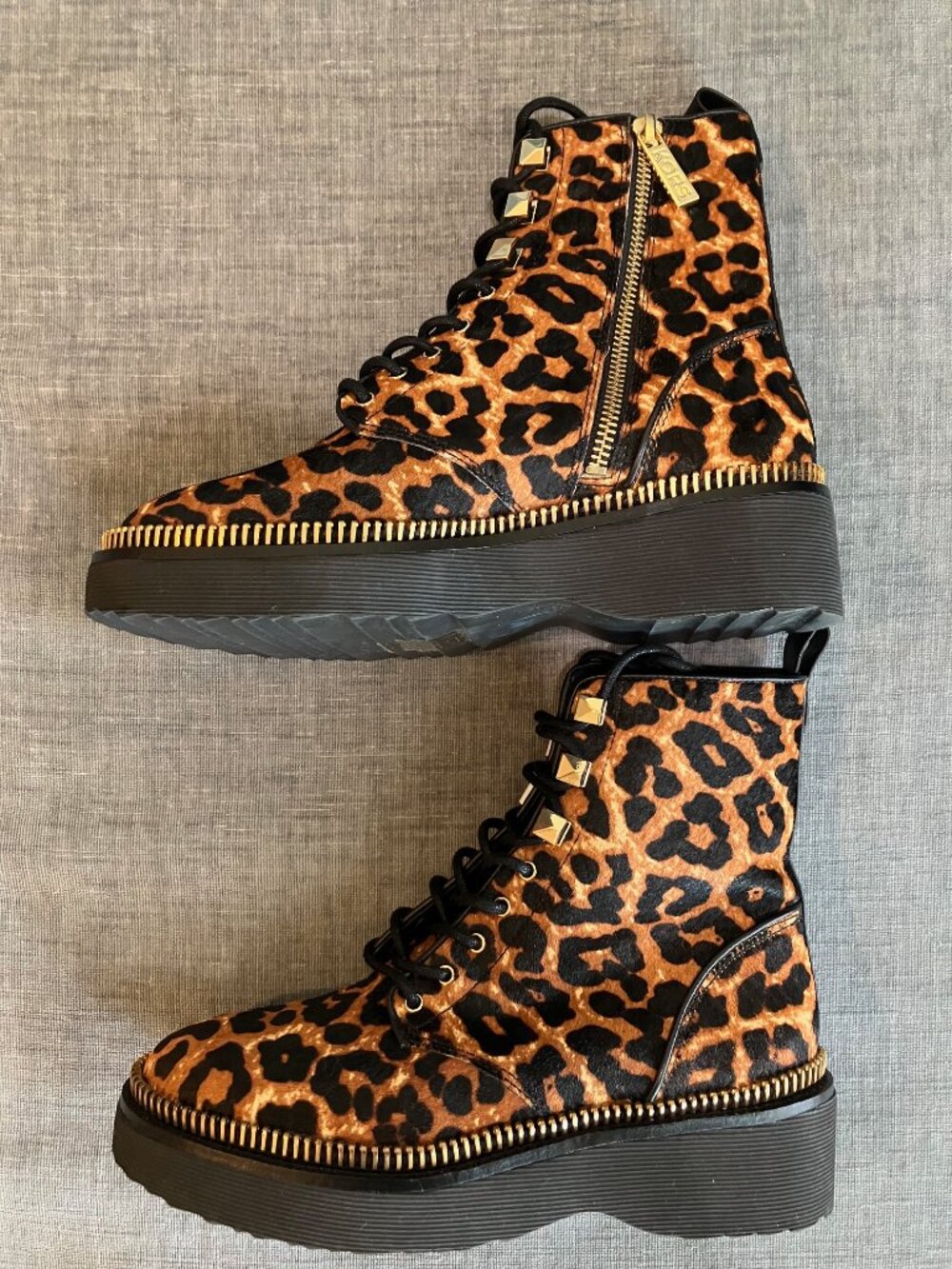 Michael Kors Leopard Calf Hair Combat Boots Womens 6 Leather Gold Zip NWOT